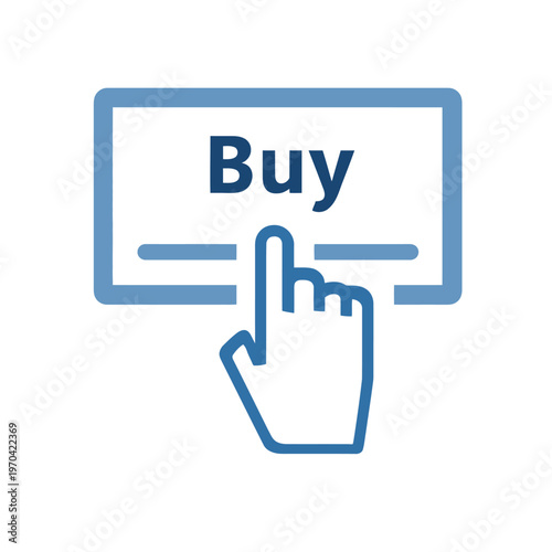 Blue button icon with "Buy" text, a finger pointing to it, and a rectangle around the button
