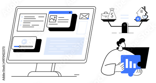 Digital finance tools. Digital finance ed by web interfaces and data visualization. Digital finance decisions illustrated through balance scales and analytics software. For fintech, investments
