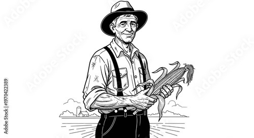 Vintage Style Vector Illustration of a Senior Farmer Holding an Ear of Corn on a Rural Farm Landscape