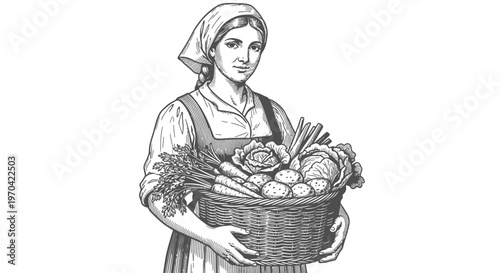 Vintage Woodcut Illustration of a Female Farmer Holding a Basket of Freshly Harvested Organic Vegetables