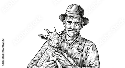 Engraved illustration of a friendly farmer holding a young goat in his arms, symbolizing rural life and animal husbandry