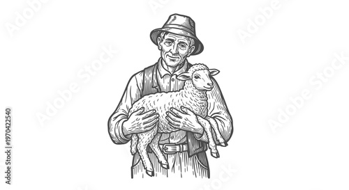 Vintage engraving illustration of a senior shepherd farmer holding a small lamb in his arms, rustic agriculture and livestock farming concept