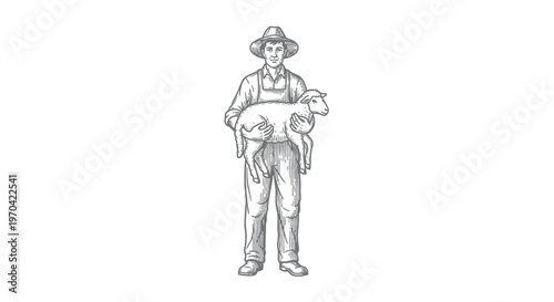 Vintage Hand Drawn Illustration of a Farmer Holding a Young Lamb, Woodcut Engraving Style Vector for Agricultural Design