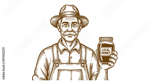 Vintage Engraving Style Vector Illustration of a Smiling Beekeeper in a Hat and Overalls Holding a Jar of Organic Local Honey