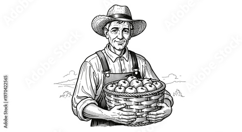 Engraved Illustration of an Elderly Farmer Holding a Wicker Basket Overflowing with Freshly Harvested Apples in a Rural Farm Setting