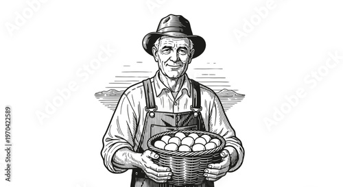 Vintage woodcut illustration of a senior male farmer wearing overalls and a hat holding a woven basket of fresh organic eggs in a rural agricultural setting.
