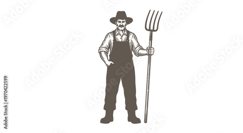 Vintage Woodcut Illustration of a Farmer Holding a Pitchfork Standing in Overalls and Hat
