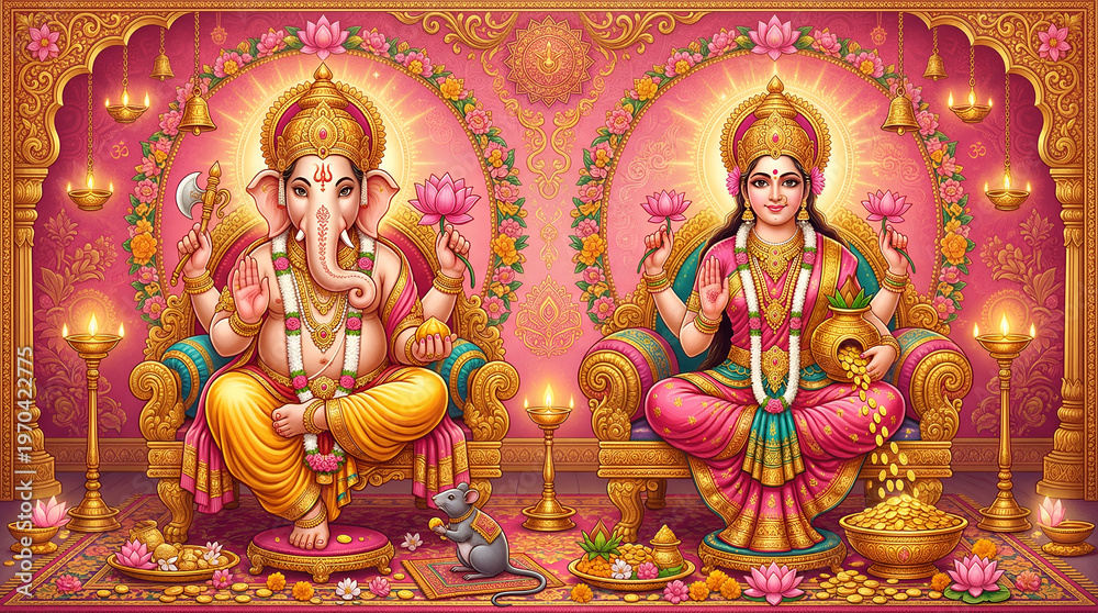Fototapeta premium Lord Ganesha and Goddess Lakshmi Blessings 