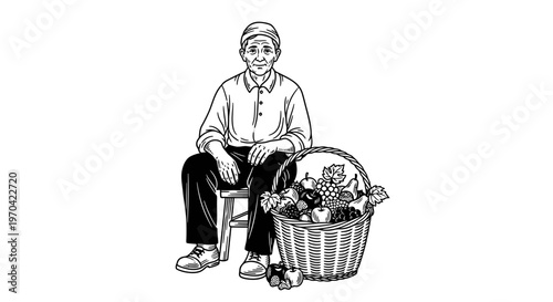 Senior Farmer Sitting with Wicker Basket Full of Fresh Harvested Fruits, Vintage Engraving Style Vector Illustration