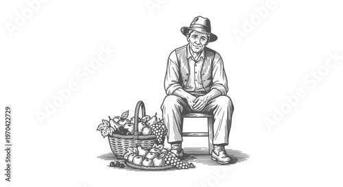 Vintage Engraving Illustration of a Senior Farmer Sitting Next to a Wicker Basket Filled with Harvested Fruit