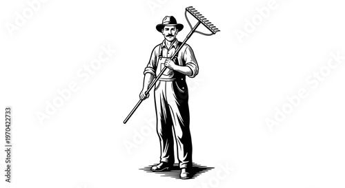 Vintage Woodcut Illustration of a Farmer Holding a Rake, Retro Agricultural Worker Character in Overalls