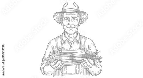 Vintage woodcut style vector illustration of a senior farmer wearing a hat and overalls holding a fresh corn cob harvest