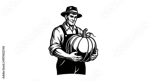 Vintage Linocut Illustration of a Male Farmer Holding a Large Harvest Pumpkin