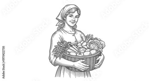 Female Farmer Holding Wicker Basket with Fresh Organic Vegetables, Vintage Woodcut Style Engraving Illustration
