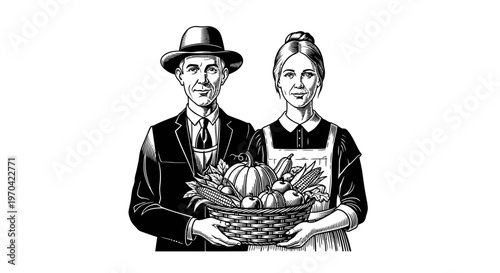 Vintage Woodcut Illustration of a Farmer Couple Holding a Basket of Harvest Vegetables