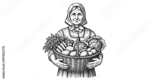 Vintage woodcut style illustration of a traditional farmer woman holding a basket of fresh harvested vegetables