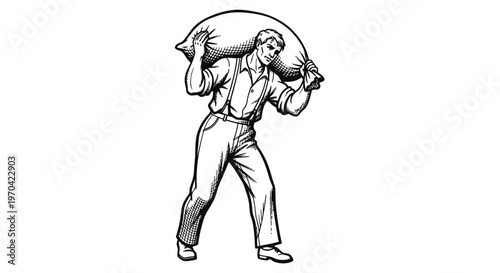 Vintage Woodcut Illustration of a Manual Laborer Carrying a Heavy Burlap Sack, Strong Worker Concept