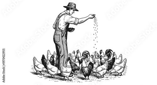 Vintage woodcut style illustration of a farmer feeding a flock of chickens and roosters on a traditional farm
