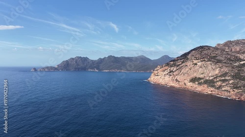 Freycinet national park Tasmanian Pacific coast aerial seascape view to Wineglass.