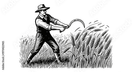 Vintage woodcut style vector illustration of a male farmer harvesting wheat with a sickle in a field, representing traditional agricultural labor and manual grain harvesting.