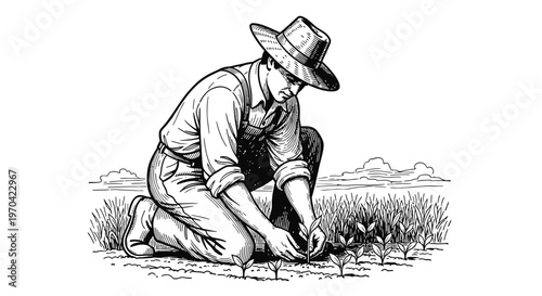 Vintage Engraving Style Illustration of a Farmer Planting Seedlings in a Field, Agriculture and Gardening Concept