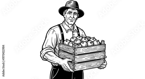 Vintage Woodcut Style Illustration of a Mature Farmer Holding a Wooden Crate of Fresh Harvested Apples