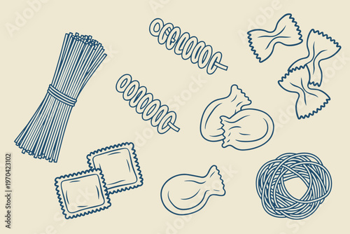 Assorted pasta shapes in blue outline on beige background
