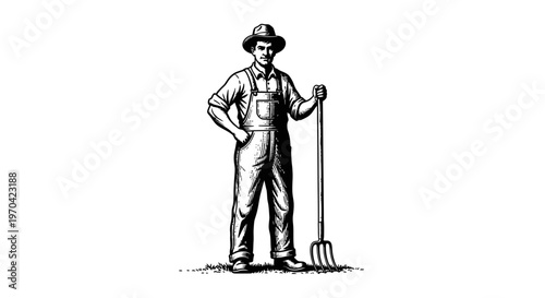 Vintage Engraving of a Farmer in Overalls Holding a Pitchfork Isolated on White Background