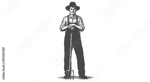 Vintage Engraving Style Vector Illustration of a Male Farmer Standing with a Pitchfork in Overalls and a Hat