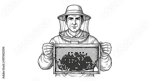 Beekeeper Holding a Honeycomb Frame with Bees, Vintage Engraving Style Vector Illustration