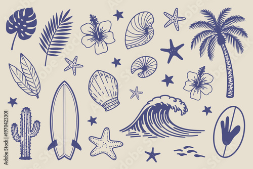 Tropical beach and ocean wave surfboard palm tree