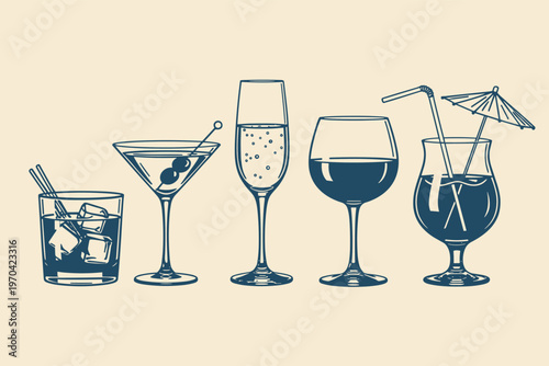 Five assorted alcoholic drinks in blue outline on beige background