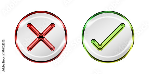 Glossy Red Cross and Green Check Mark Buttons Set for Approval and Rejection Icons