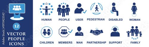 People Icons, Vector Illustration Set.  Badges depicting a Human, Man, Woman, Children,  Family, User, Pedestrian, Disabled, Members, Partnership, and  Support  Services for Website