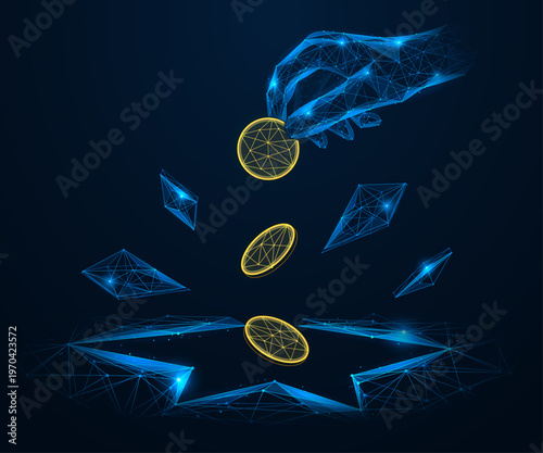 Money falls into the void. The hand throws coins into a dark chasm or hole, symbolizing the loss of capital, unsuccessful investments or uncontrolled expenses. Polygonal design, blue background.