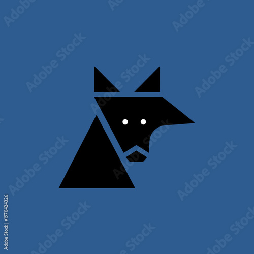 Geometric Black Wolf Head Silhouette on Blue Background.