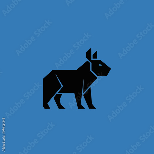 Origami Black Dog Silhouette on Blue Background.