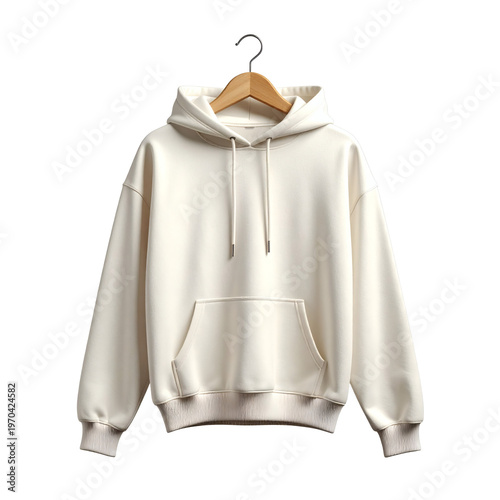 Minimalist cream colored oversized pullover hooded sweatshirt with drawstring and front kangaroo pocket hanging from a wooden hanger  