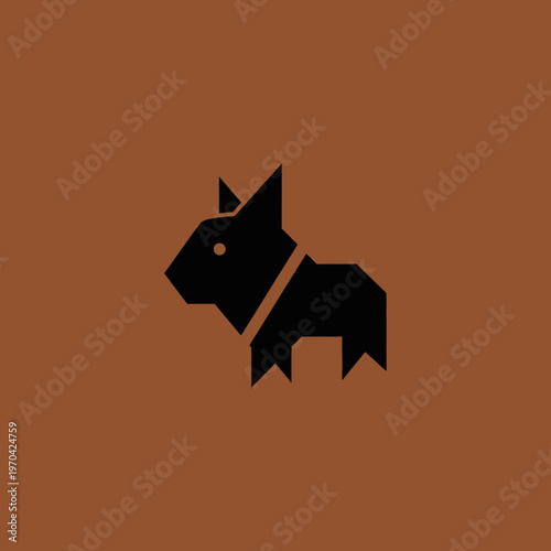 Geometric Black Dog Silhouette Icon on Brown Background.