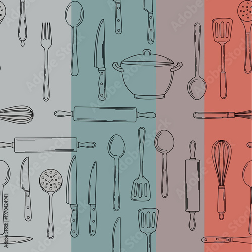 Collection of Hand-Drawn Kitchen Utensils and Cooking Tools.
