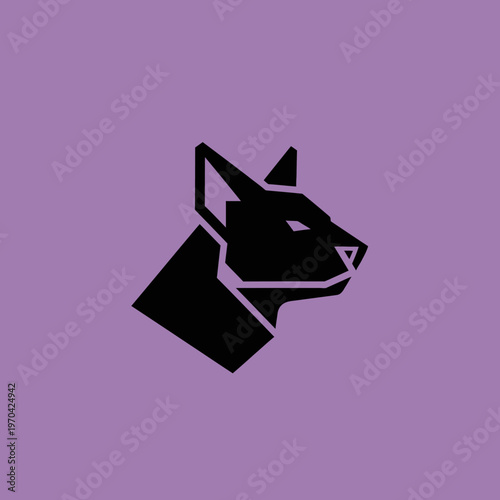 Geometric Black Dog Head Silhouette on Purple Background.