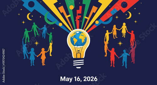 Vibrant light bulb with diverse people and global unity concept isolated on background