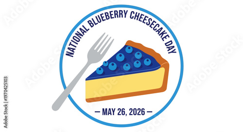 National Blueberry Cheesecake Day logo with slice of cheesecake and fork isolated on background