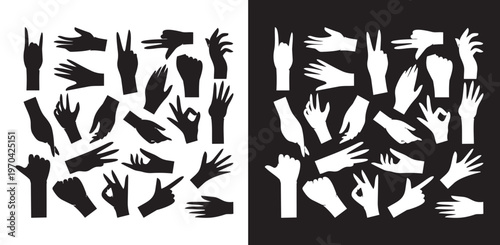 Vector silhouettes of hands in black simple design showing gestures and fingers