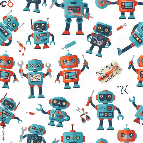 Cute Cartoon Robots with Tools Seamless Pattern.