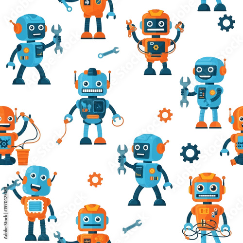 Cute Cartoon Robots Holding Tools and Gears Seamless Pattern.