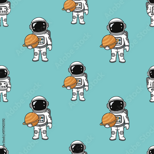 Cute Astronaut Holding Planet Seamless Pattern Illustration.