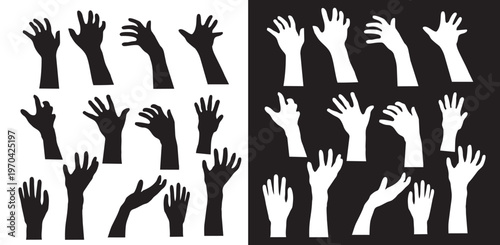 Raised hands silhouettes representing people helping, voting, and unity