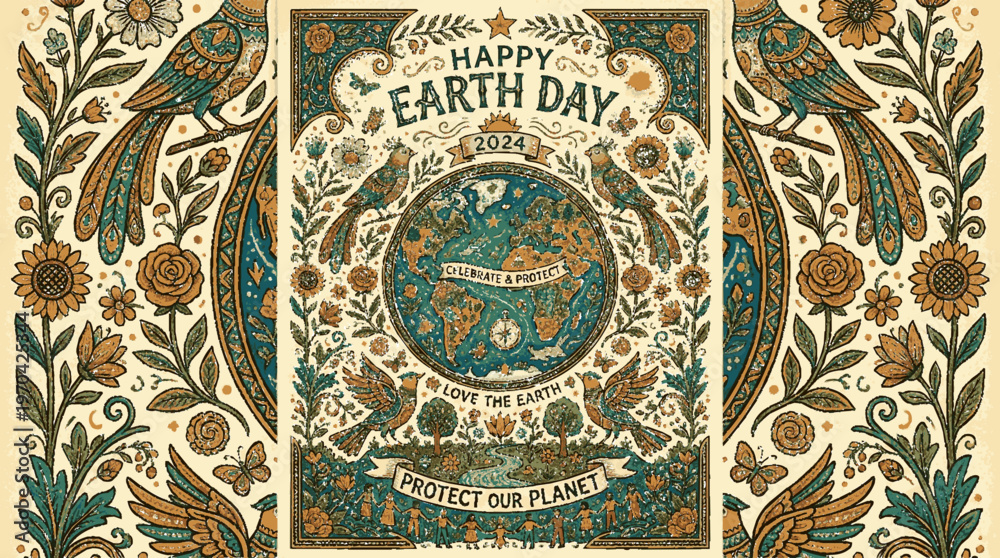 Fototapeta premium Happy earth day celebration with ornate floral border featuring birds and nature inspired design elements