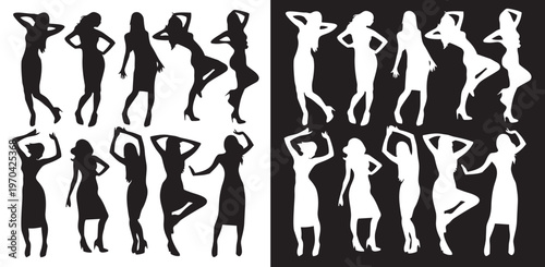 Vector silhouettes of people dancing including a man and woman in fitness and ballet poses showing beauty movement and fun